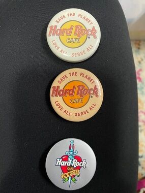 Hard Rock Cafe Round Logo Pins in White, Tan, and Gray